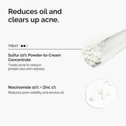 Infographic detailing how the set reduces oil and clears acne. Features Sulfur 10% Concentrate to treat acne and minimize redness, paired with Niacinamide 10% + Zinc 1% to reduce pore visibility and target excess sebum production.